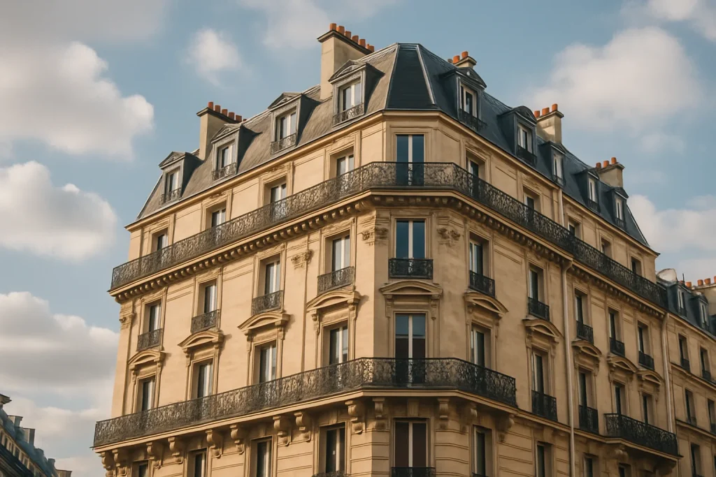 Façade d'un immeuble haussmannien à Paris sous un ciel partiellement nuageux