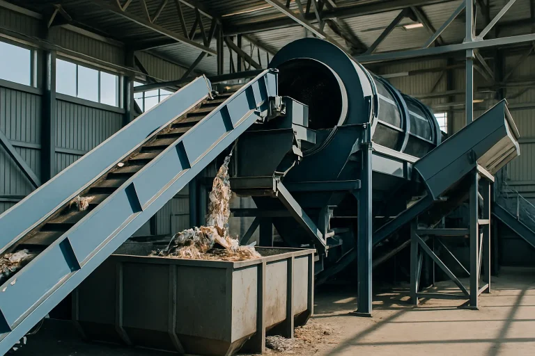 Installation moderne de traitement des déchets avec machines en action, lumière du jour intense