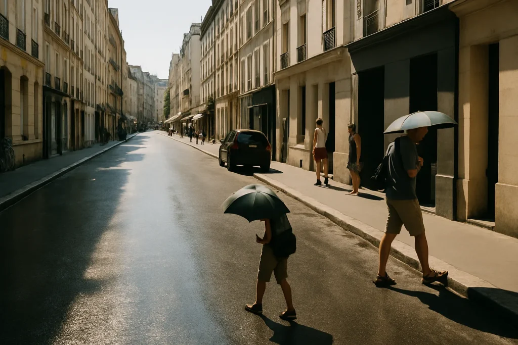 Rue parisienne en été, chaleur intense, passants à la recherche d'ombre