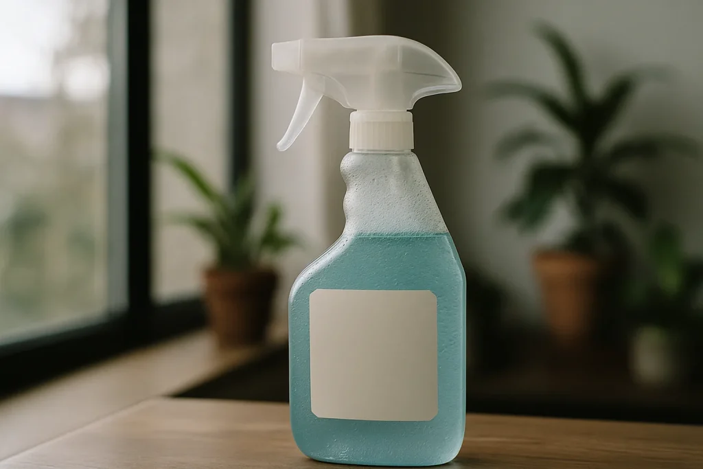 Bouteille de produit de nettoyage sur fond flou avec lumière naturelle et plantes