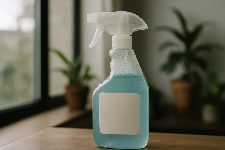 Bouteille de produit de nettoyage sur fond flou avec lumière naturelle et plantes