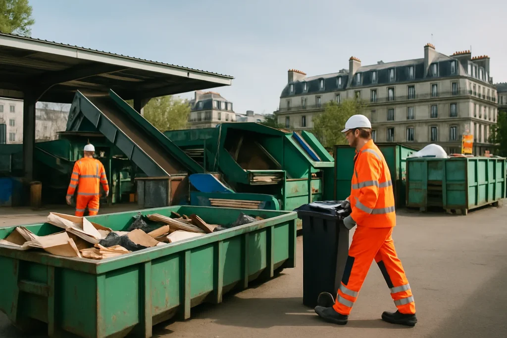 Centre de gestion des déchets à Paris, personnel équipé de protection en activité.