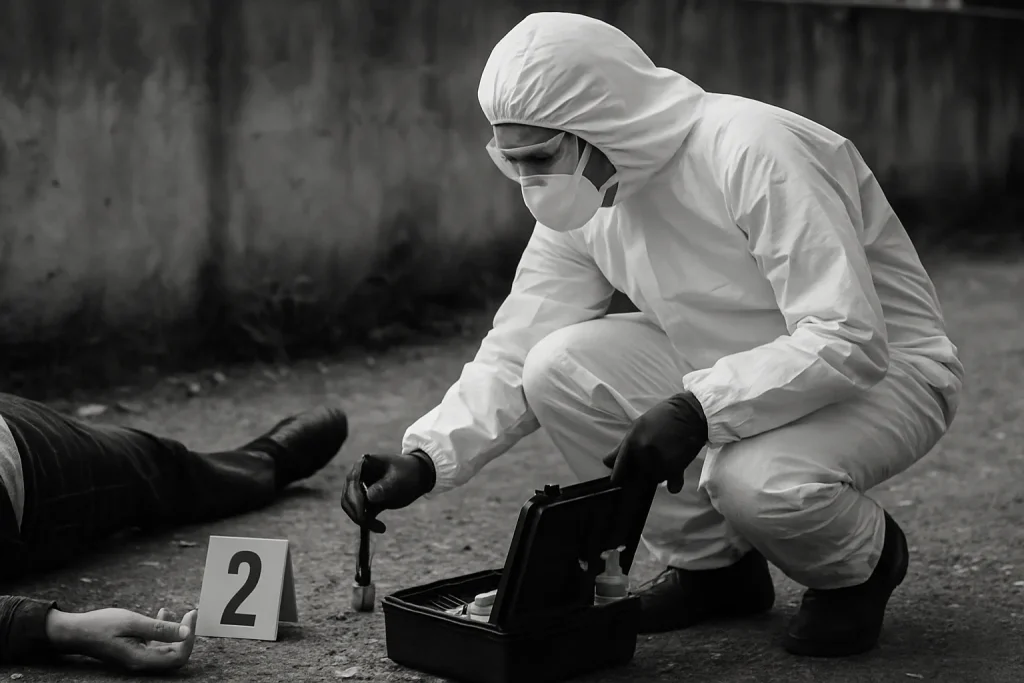 Police scientifique nettoyant une scène de crime à Paris, équipement visible.