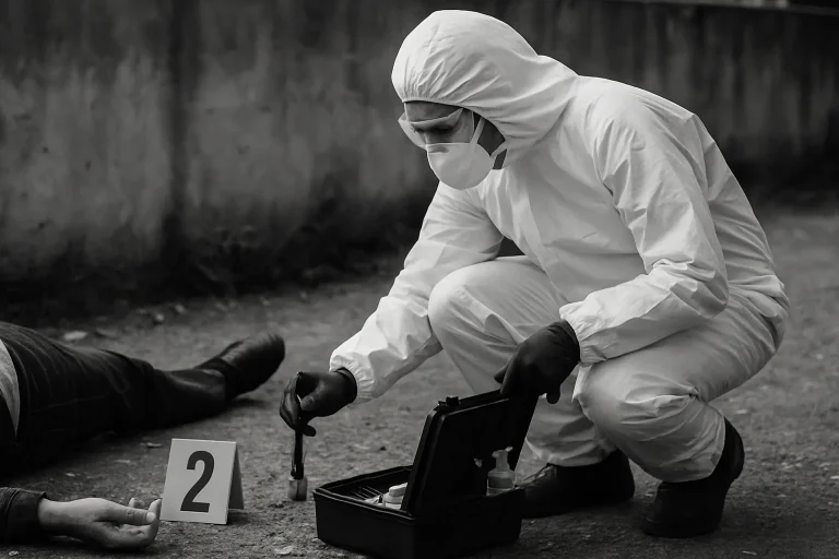 Police scientifique nettoyant une scène de crime à Paris, équipement visible.