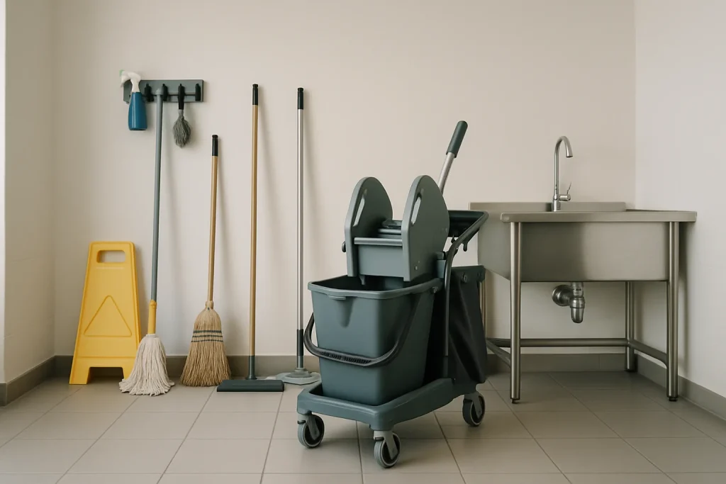 Salle de nettoyage professionnelle avec équipements et outils organisés, éclairage neutre