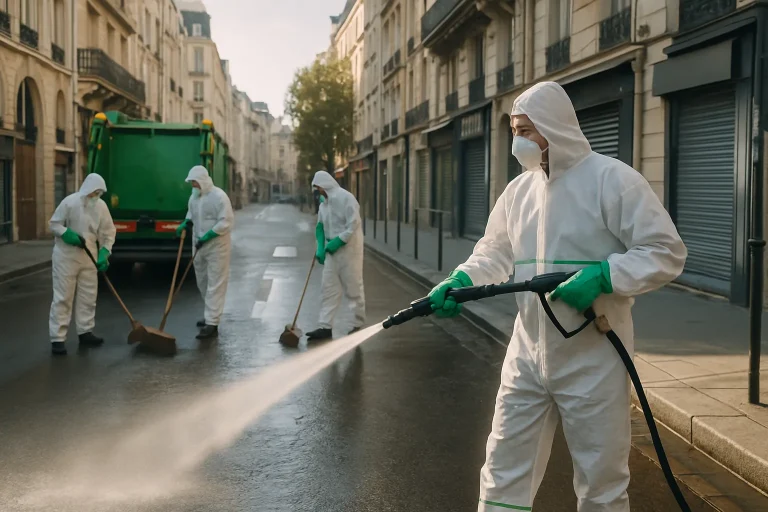 Une équipe de nettoyage en action sur une rue parisienne, vêtue de tenues de protection