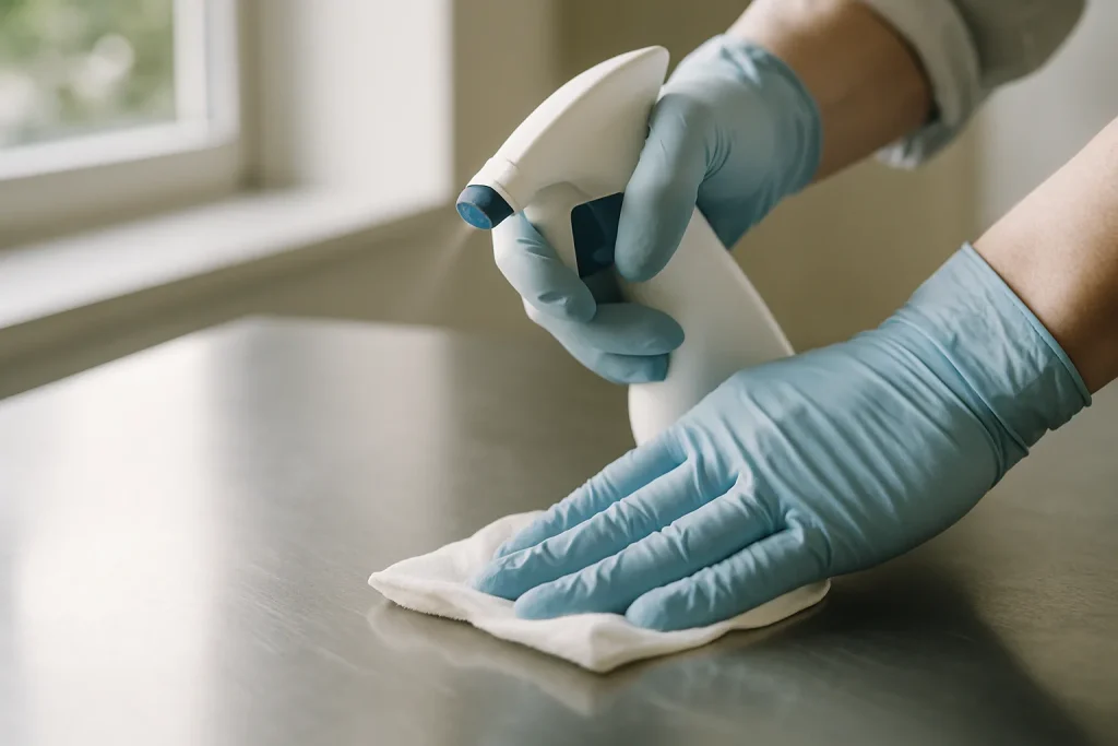 Mains gantées pulvérisant du désinfectant sur une surface métallique, lumière naturelle