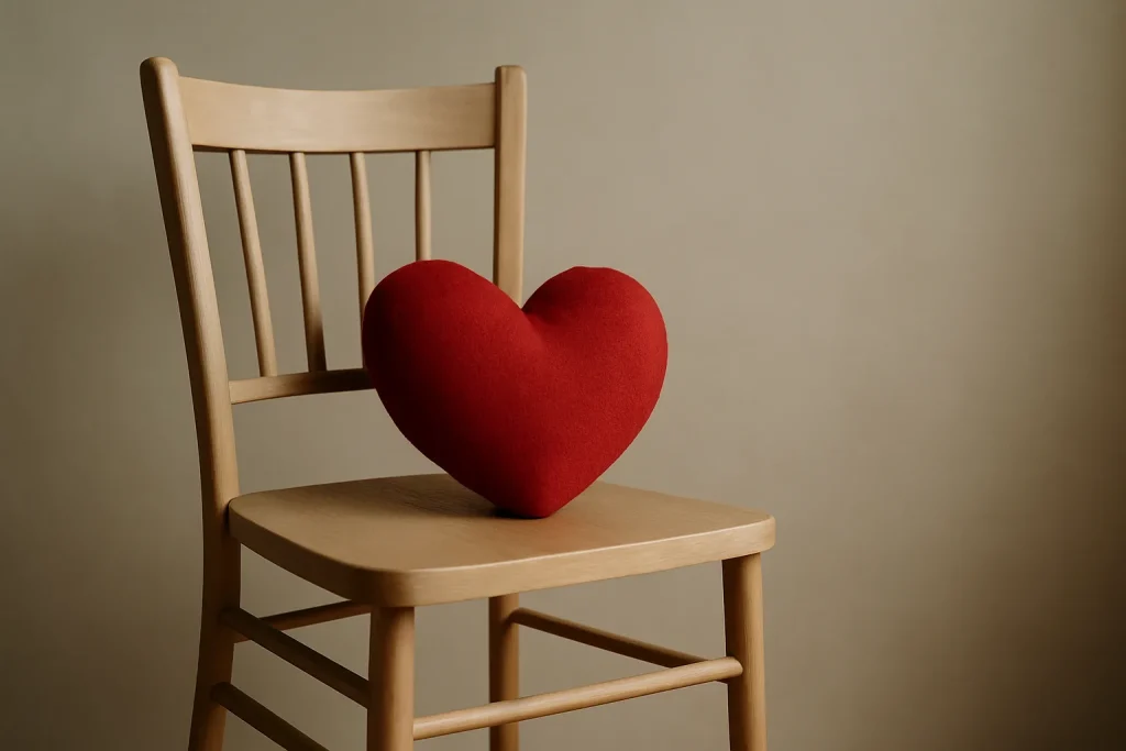 Une chaise vide avec un coussin en forme de cœur, éclairage doux, fond uni.