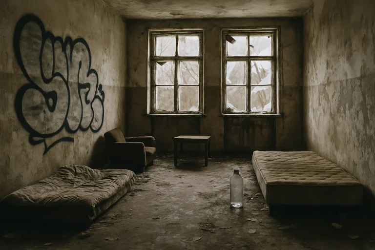 Intérieur d'une maison squattée avec fenêtres cassées et graffitis sur les murs.