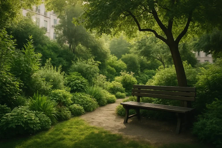 Jardin parisien verdoyant avec banc en bois, éclairage naturel