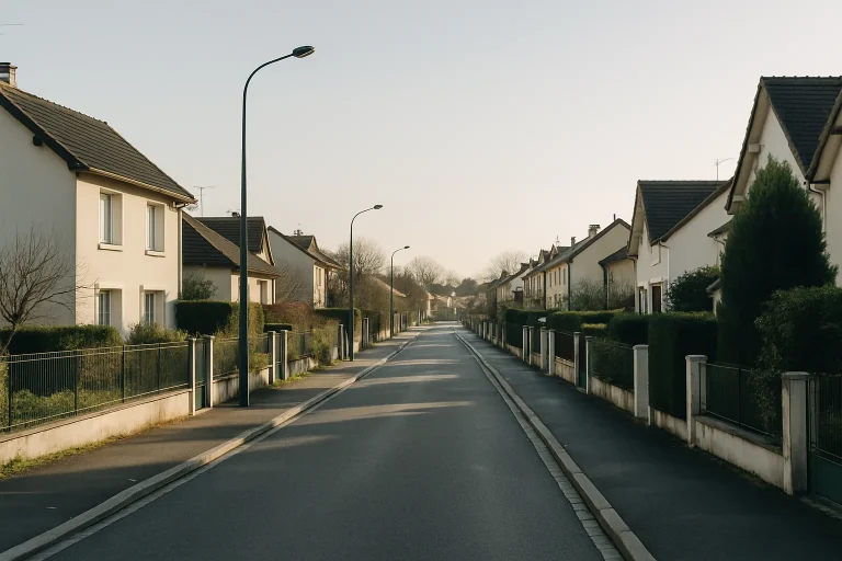 Rue résidentielle en périphérie de Paris, matin calme, maisons avec jardins.