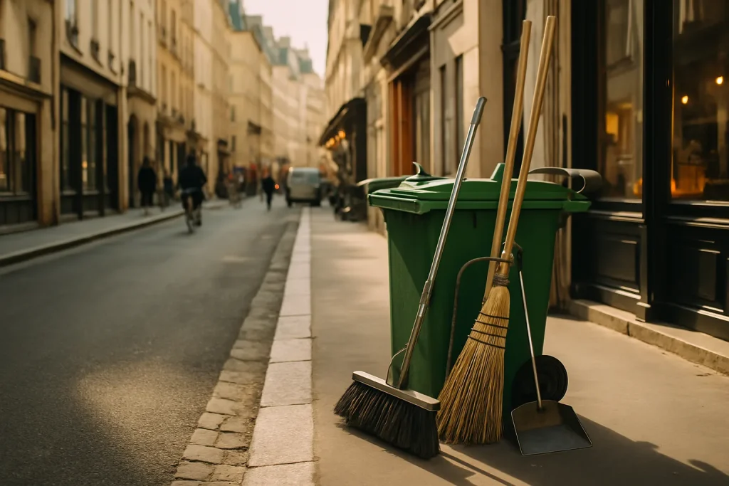 Équipements de nettoyage posés le long d'une ruelle parisienne, lumière de fin d'après-midi