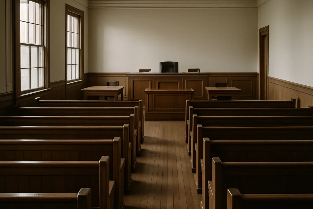 Salle de tribunal vide à Paris, éclairée par la lumière naturelle, symbolisant les sanctions légales