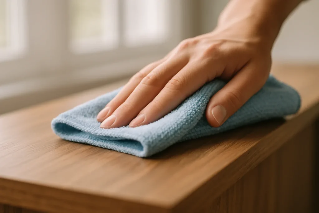 Chiffon en microfibre sur un meuble en bois, lumière naturelle douce.