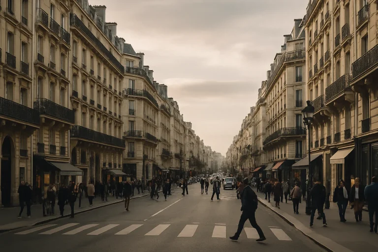 Immeubles haussmanniens et piétons dans une rue de Paris, lumière douce.