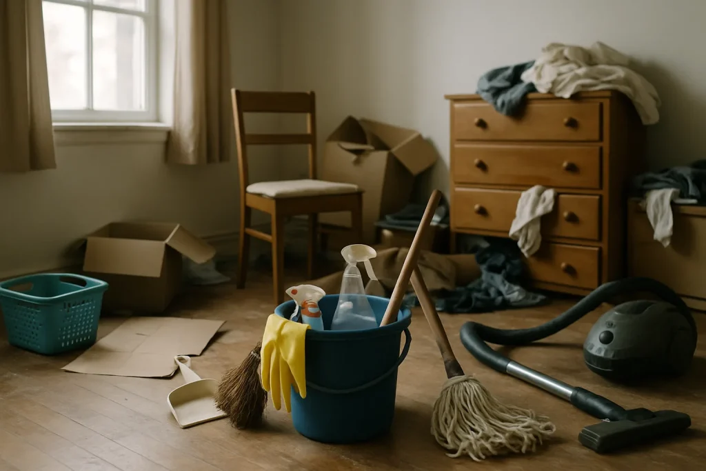 Intérieur en désordre avec outils de nettoyage dispersés, lumière douce.