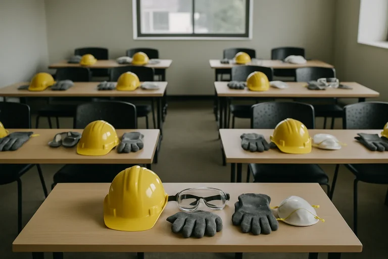 Salle de formation montrant des équipements de protection individuelle sur des tables, avec lumière naturelle.